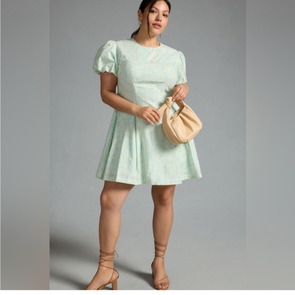 MAEVE Puff-sleeve Pleated Dress Mint Green With Daisies Size:XL NWT - Picture 1 of 7